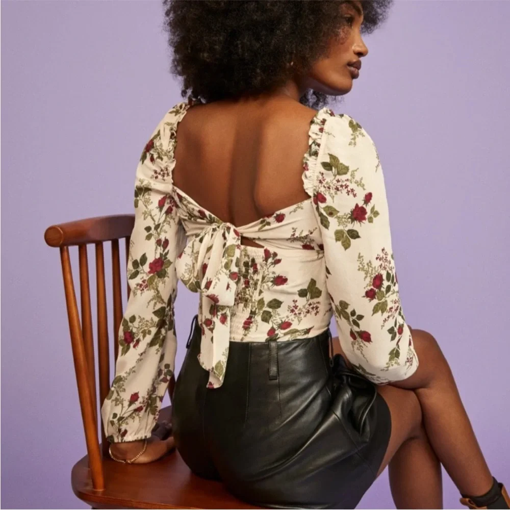 Reformation Cream Floral Puff-Sleeve Blouse with Red & Green Roses
